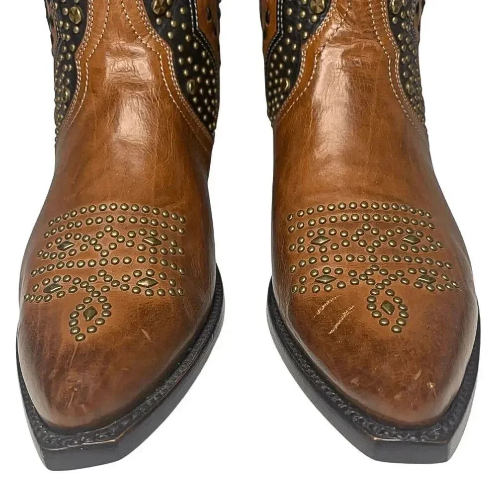Frye Tulsa Stud Short Boot Size 7 Brown Black Studded Western Cowboy Ankle Boot